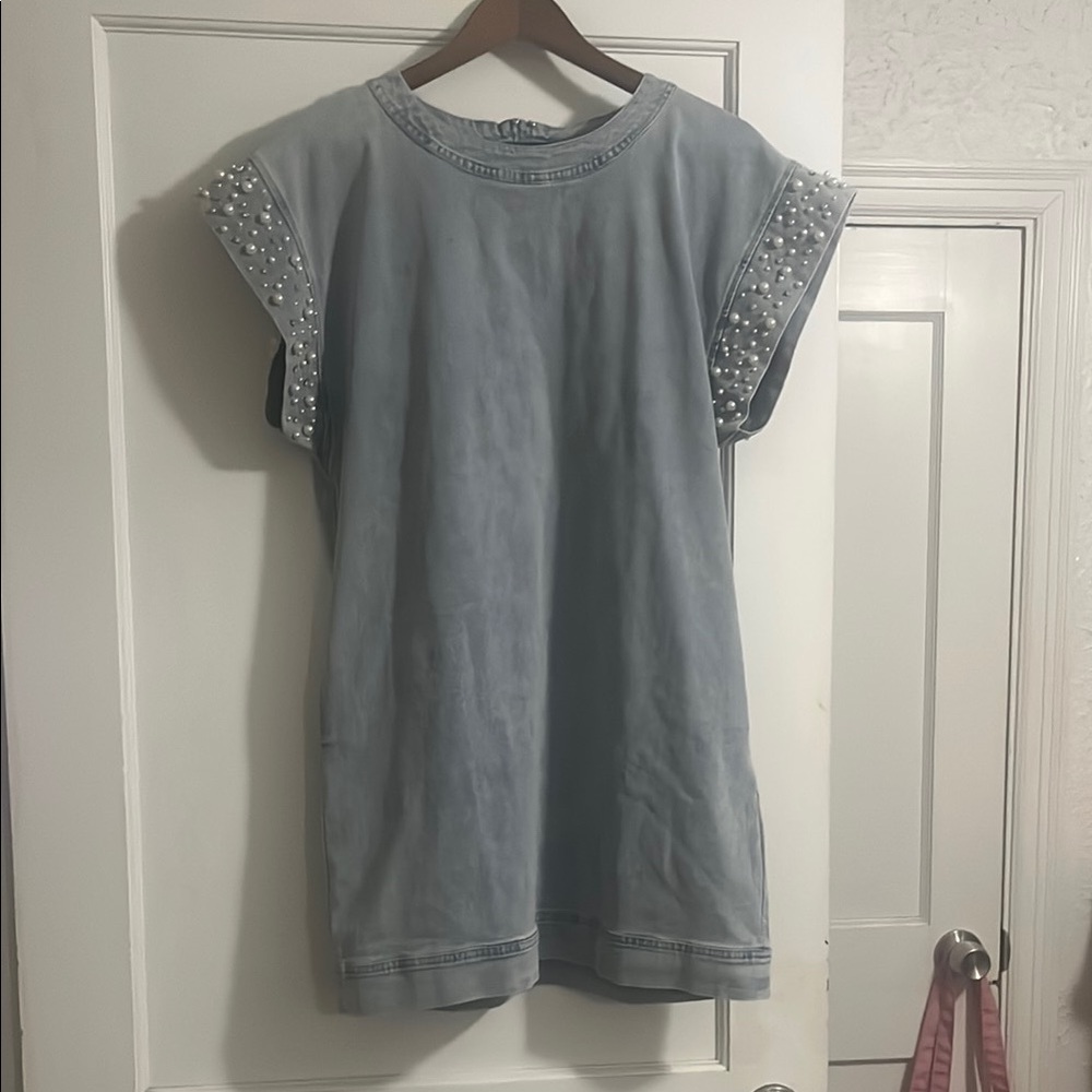 Light Blue Dress with Pearl Embellished Sleeves